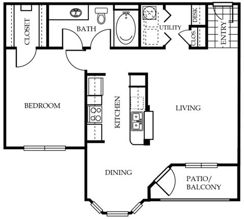 Floor plan for 1 bed, 1 bath, 772 sqft