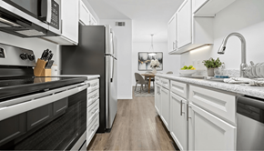 New Braunfels apartment for rent - A modern kitchen with black and white appliances and wooden floors.
