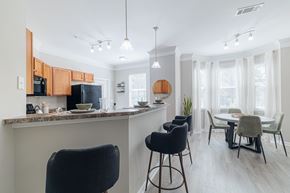 Houston apartment for rent - A kitchen with a bar area and a dining table with chairs.