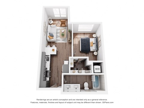 Floor plan for 1 bed, 1 bath, 614 sqft