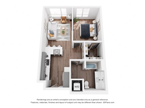 Floor plan for 1 bed, 1 bath, 697 sqft