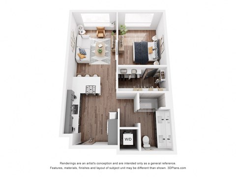 Floor plan for 1 bed, 1 bath, 697 sqft