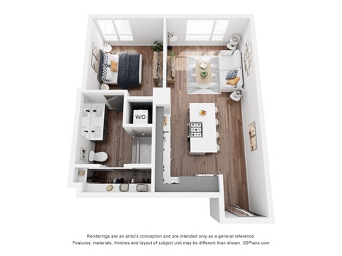Floor plan for 1 bed, 1 bath, 728 sqft