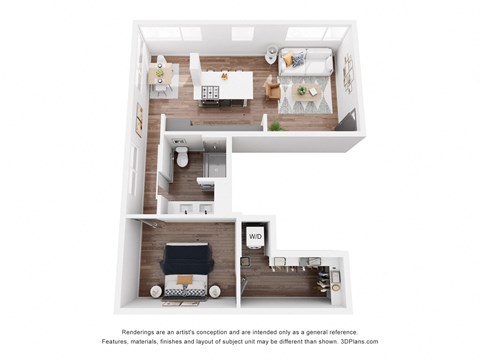 Floor plan for 1 bed, 1 bath, 847 sqft