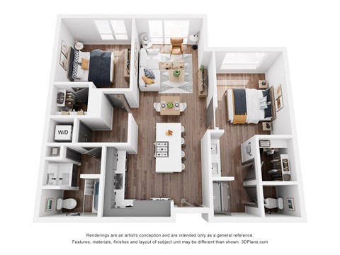 Floor plan for 2 beds, 2 baths, 1055 sqft