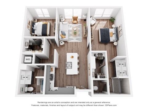 Floor plan for 2 beds, 2 baths, 1136 sqft