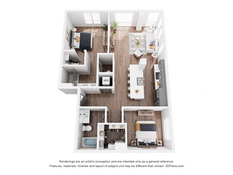 Floor plan for 2 beds, 2 baths, 1135 sqft
