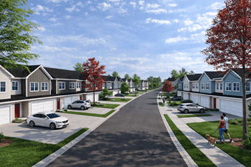 Moncks Corner townhouse for rent - A residential street with houses on both sides and cars parked in the driveways.