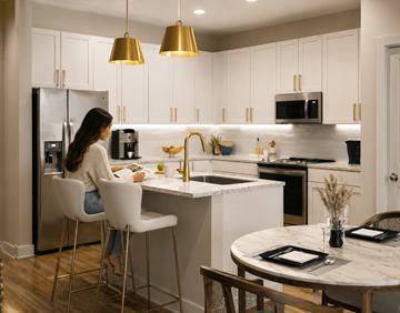 Moncks Corner townhouse for rent - A woman is sitting at a kitchen island with a refrigerator and microwave in the background.