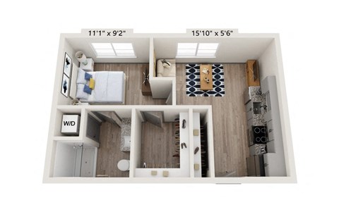 Floor plan for 1 bed, 1 bath, 499 sqft