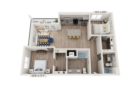 Floor plan for 2 beds, 2 baths, 979 sqft