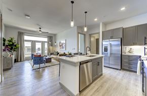 Austin apartment for rent - A modern kitchen with a large island and stainless steel appliances.
