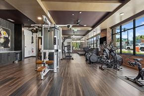 Denver apartment for rent - A gym with a variety of equipment including treadmills, weights, and a rowing machine.