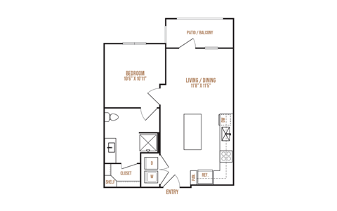 Floor plan for 1 bed, 1 bath, 678 sqft