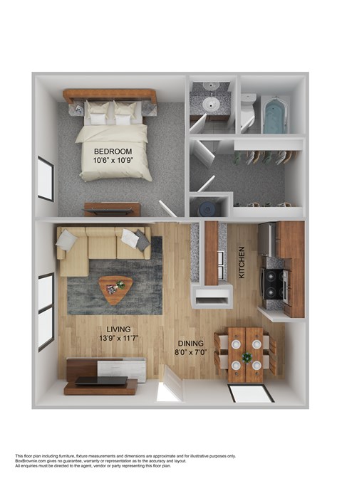 Floor plan for 1 bed, 1 bath, 520 sqft