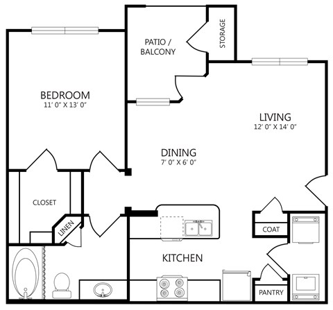Floor plan for 1 bed, 1 bath, 723 sqft