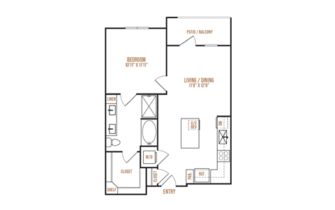 Floor plan for 1 bed, 1 bath, 781 sqft