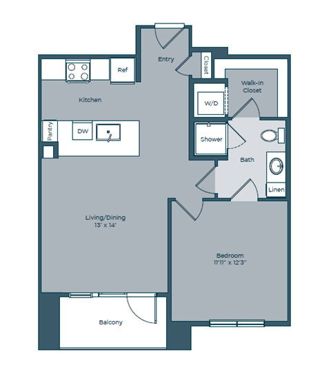 Floor plan for 1 bed, 1 bath, 720 sqft