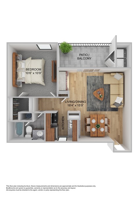 Floor plan for 1 bed, 1 bath, 700 sqft