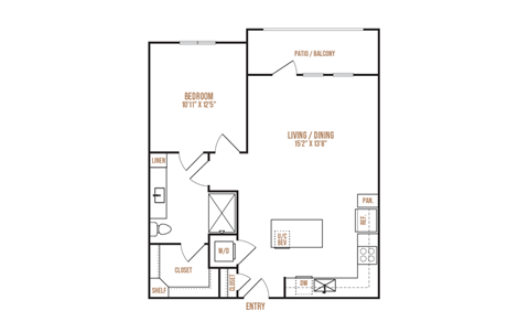 Floor plan for 1 bed, 1 bath, 781 sqft