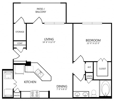 Floor plan for 1 bed, 1 bath, 783 sqft