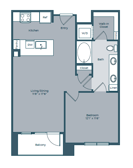 Floor plan for 1 bed, 1 bath, 739 sqft