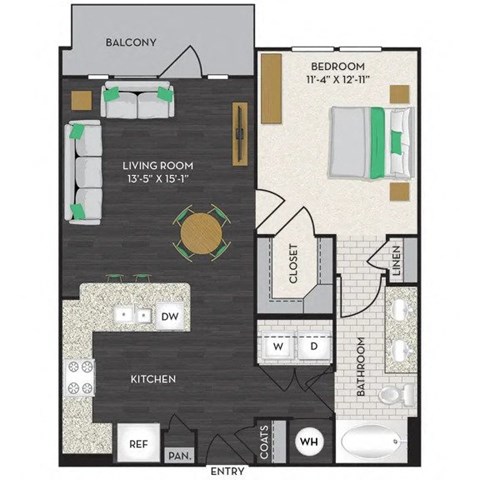 Floor plan for 1 bed, 1 bath, 750 sqft