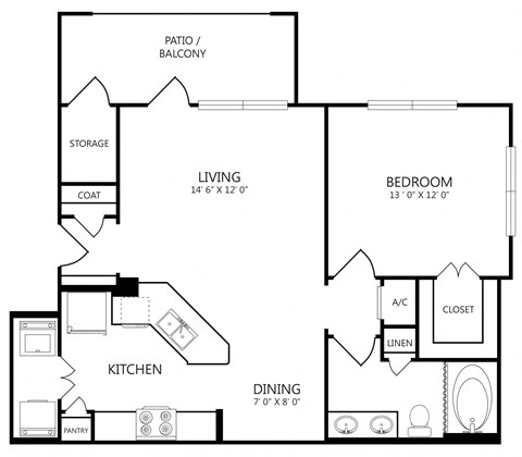 Floor plan for 1 bed, 1 bath, 796 sqft