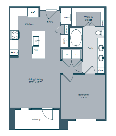 Floor plan for 1 bed, 1 bath, 776 sqft