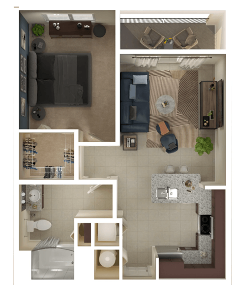 Floor plan for 1 bed, 1 bath, 766 sqft