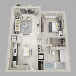 Floor plan for 1 bed, 1 bath, 881 sqft