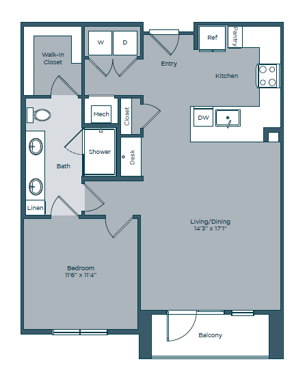 Floor plan for 1 bed, 1 bath, 828 sqft