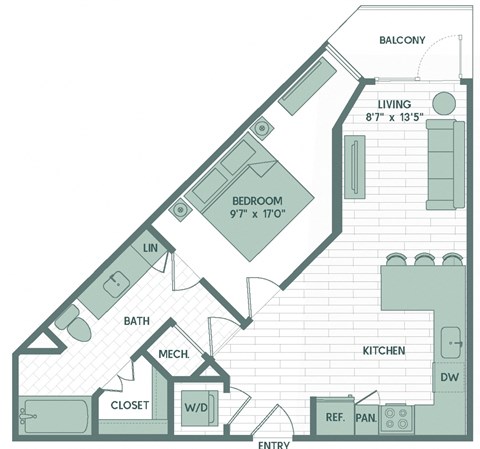 Floor plan for 1 bed, 1 bath, 622 sqft