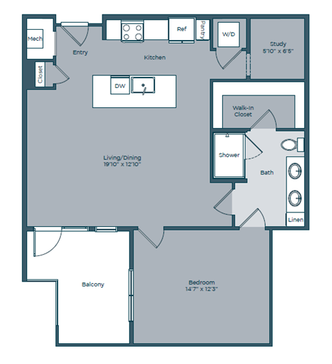 Floor plan for 1 bed, 1 bath, 920 sqft
