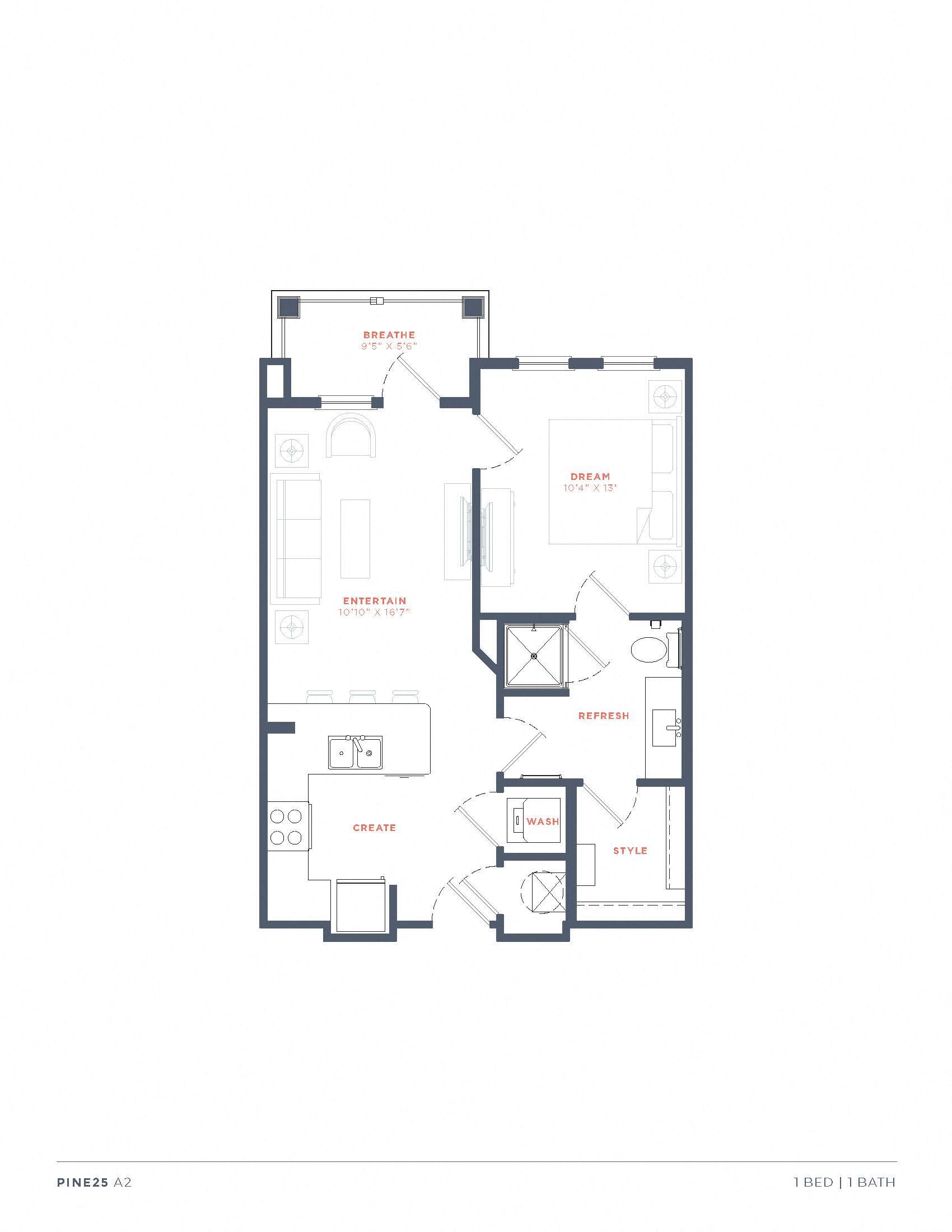 Floor plan for 1 bed, 1 bath, 795 sqft