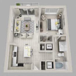 Floor plan for 1 bed, 1 bath, 701 sqft