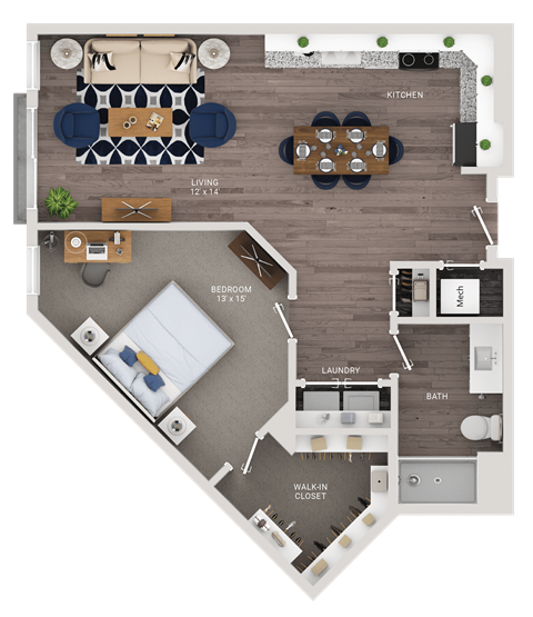 Floor plan for 1 bed, 1 bath, 827 sqft