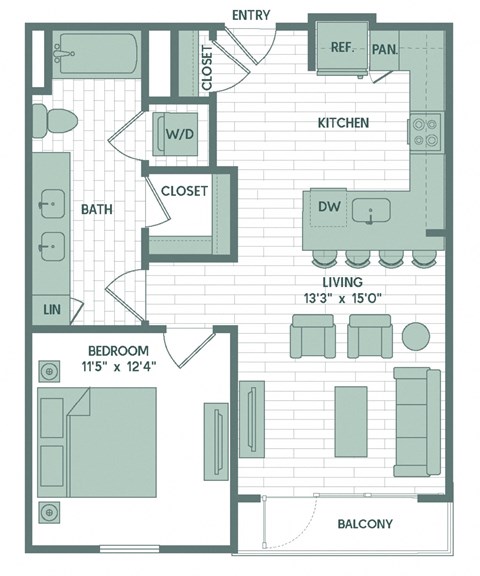 Floor plan for 1 bed, 1 bath, 772 sqft