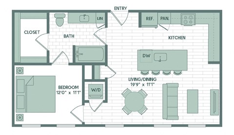 Floor plan for 1 bed, 1 bath, 720 sqft