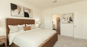 Rosharon apartment for rent - A bedroom with a large bed and two framed pictures on the wall.