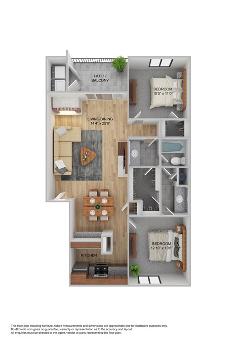 Floor plan for 2 beds, 1 bath, 925 sqft