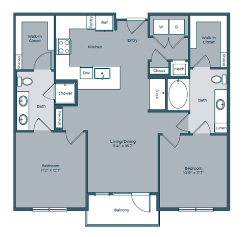 Floor plan for 2 beds, 2 baths, 1085 sqft