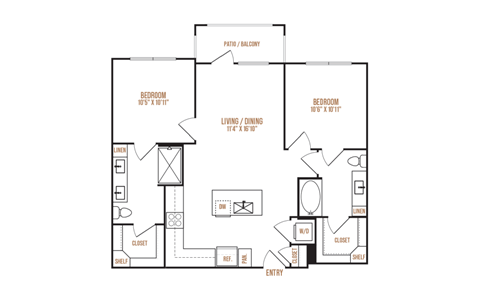 Floor plan for 2 beds, 2 baths, 949 sqft