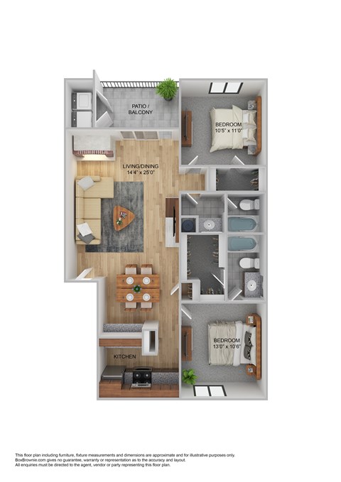 Floor plan for 2 beds, 2 baths, 1000 sqft