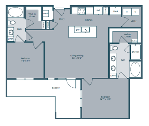 Floor plan for 2 beds, 2 baths, 1277 sqft