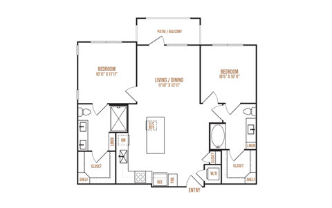 Floor plan for 2 beds, 2 baths, 987 sqft