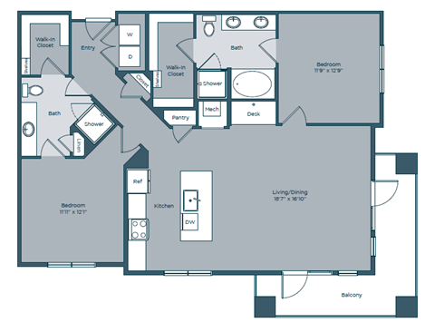 Floor plan for 2 beds, 2 baths, 1309 sqft