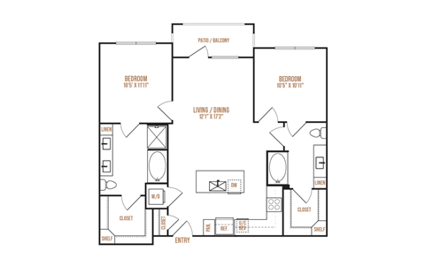 Floor plan for 2 beds, 2 baths, 1025 sqft