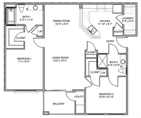 Floor plan for 2 beds, 2 baths, 1187 sqft
