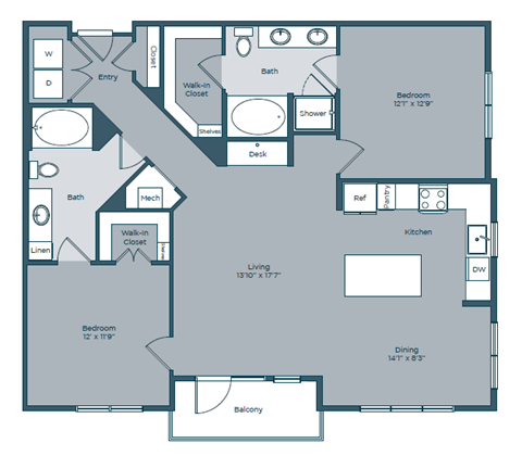 Floor plan for 2 beds, 2 baths, 1281 sqft